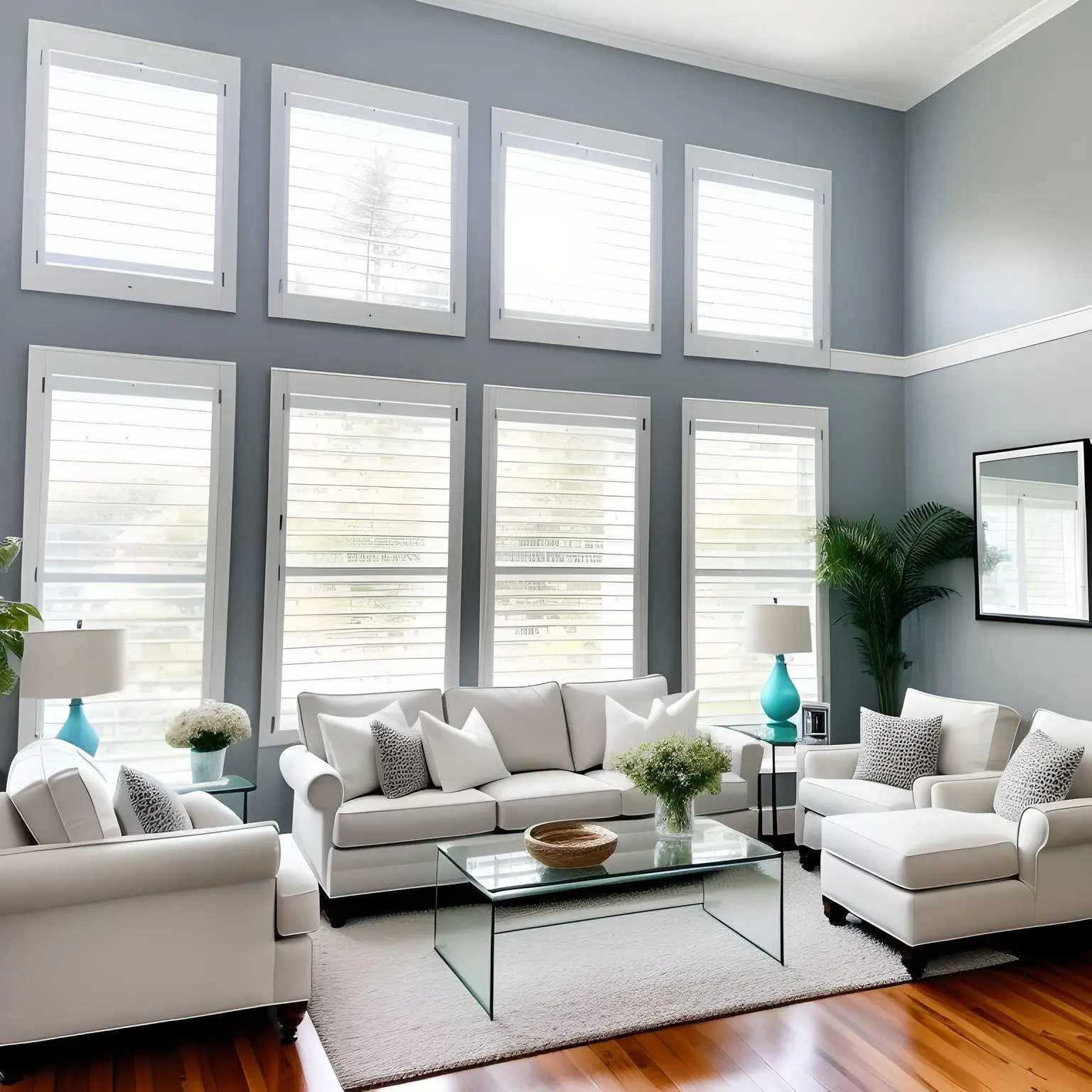 Bright living room featuring plantation shutters on large windows, modern white furniture, glass coffee table, and decorative plants, showcasing Expressions in Window Fashions' high-quality window treatment solutions.