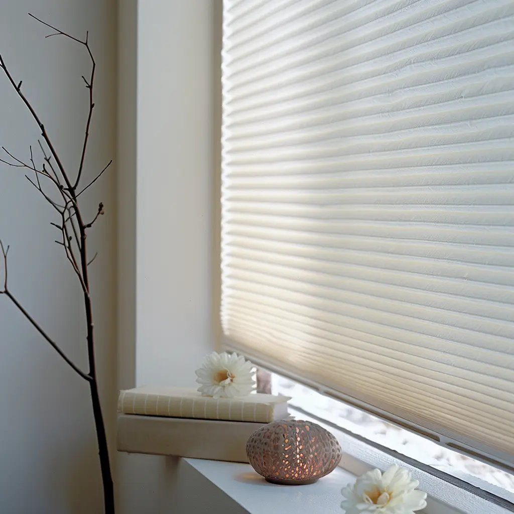 Cellular shades in a modern window setting, enhancing natural light control and privacy, complemented by decorative elements like a flower and a candle holder on a windowsill.