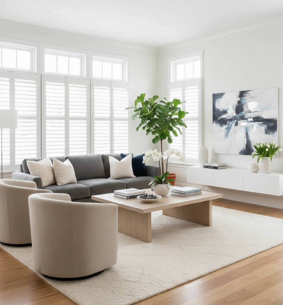 Modern living room featuring plantation shutters, a gray sectional sofa with decorative pillows, beige accent chairs, a wooden coffee table, and indoor plants, emphasizing elegance and comfort for Cape Coral homes.