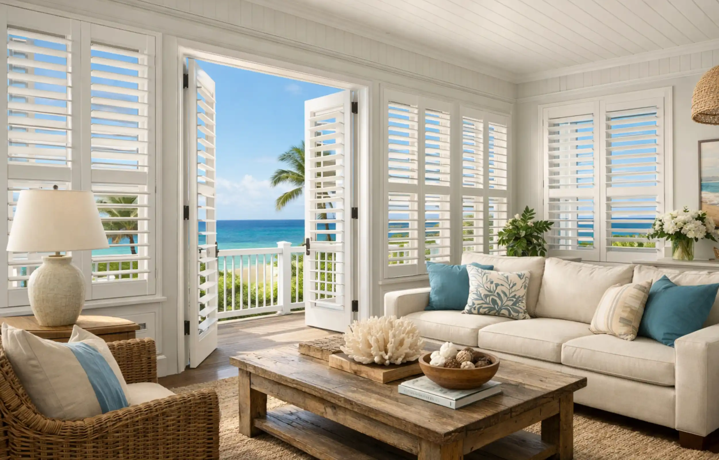 Bright living room featuring plantation shutters, coastal decor, and ocean view through open doors, enhancing Naples' indoor-outdoor lifestyle.