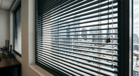 Black aluminum blinds partially covering a window, showcasing a city skyline view, reflecting a modern and practical window treatment option for Naples homes.