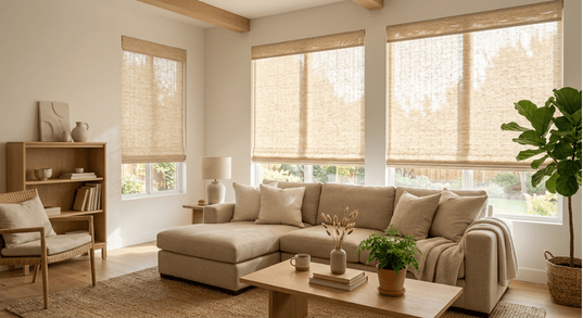 Cozy living room featuring natural woven window shades, a comfortable sectional sofa, and a stylish wooden coffee table, reflecting Naples’ coastal aesthetic and enhancing indoor light management.